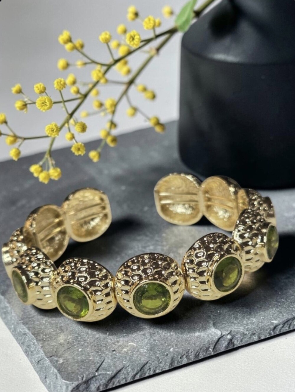 18k Gold Plated Chunky Hammered Olive Peridot Crystal Cuff Bangle Bracelet